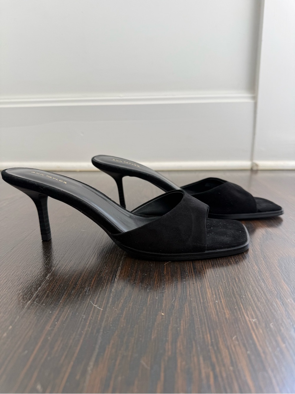 Ann Taylor Black Suede Open-Toe Slip-On Kitten Heels